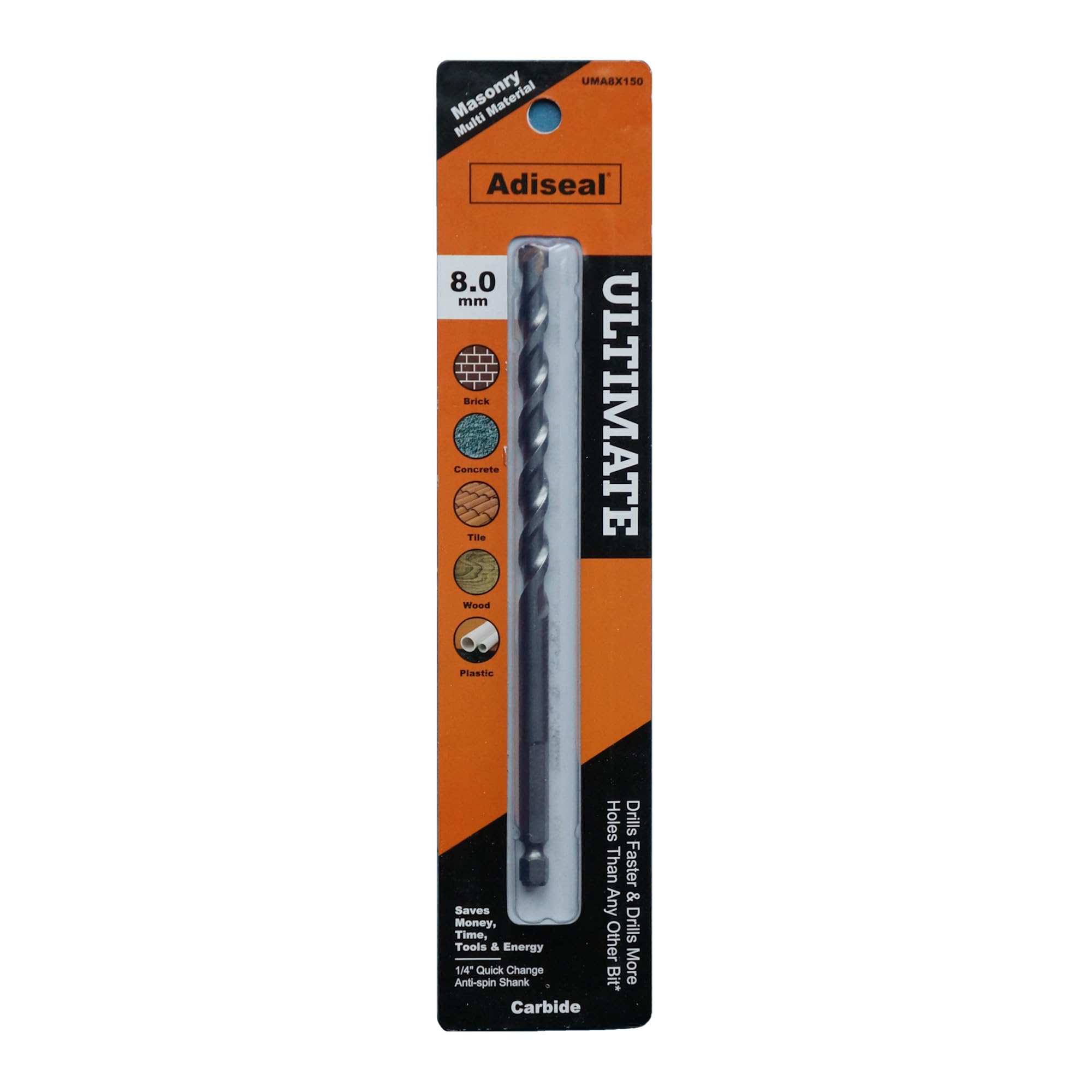 Adiseal Ultimate Masonry Multi-Material Carbide Drill Bit 8mm. Drill Faster, Quieter & Safer.