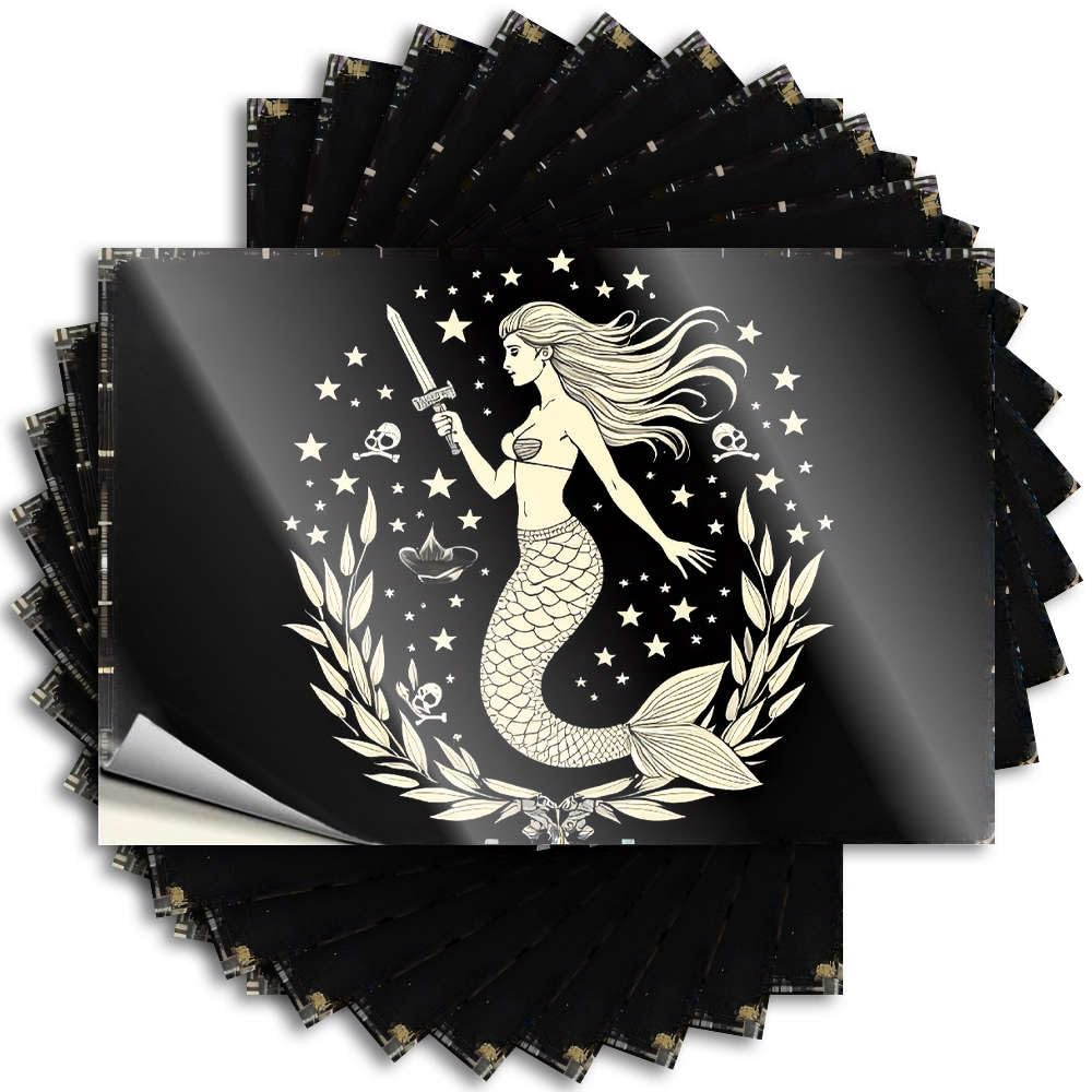 Bar Cart Decor Lettering Sticker - Spring Girl Helmet Mermaid Holding A Sword Surrounded By Stars(8X12CM)