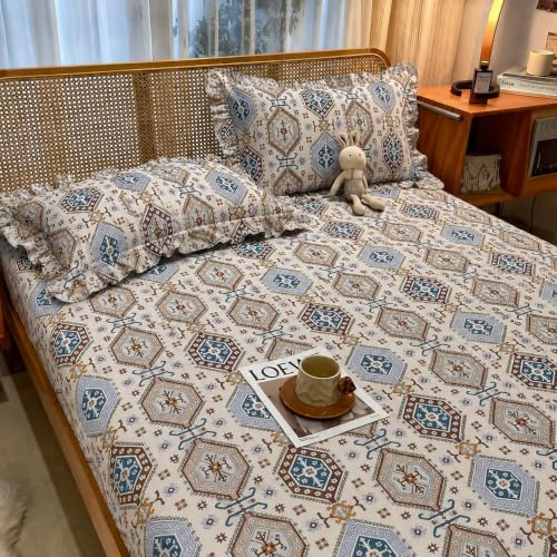 Image of VOMZER Queen Size (60x78) 300 TC Soft Cotton Feel Microfiber All Around Elastic Fitted Double Bedsheet with 2 Frill Pillow Covers | Desert Mosiac
