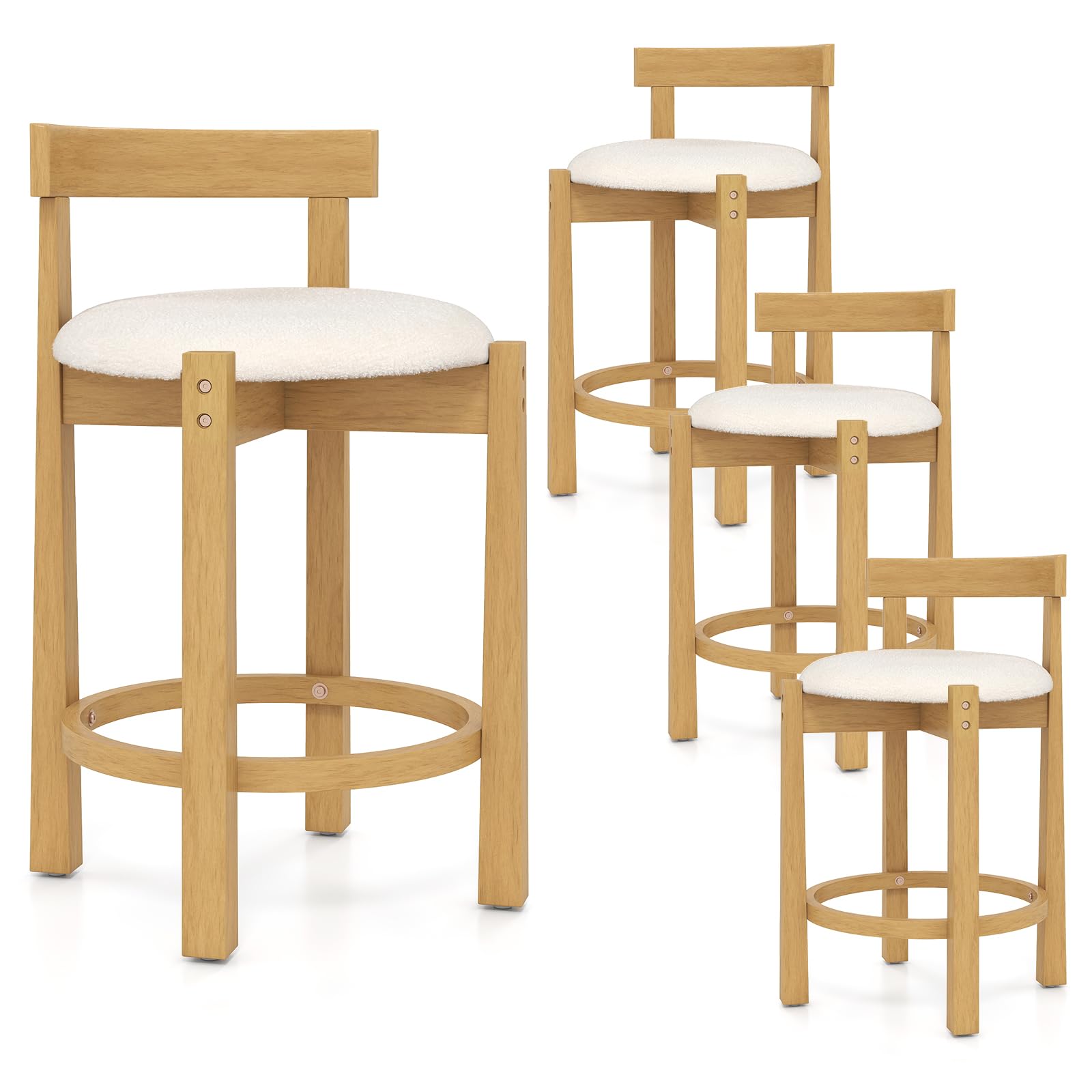 COSTWAY Juego de 2 Taburetes Altos de Bar, 62 cm de Altura, Sillas de Bar Tapizadas en Terciopelo Teddy con Respaldo y Reposapiés, Madera de Caucho, para Isla Cocina, Bar y Comedor, Natural y Beige