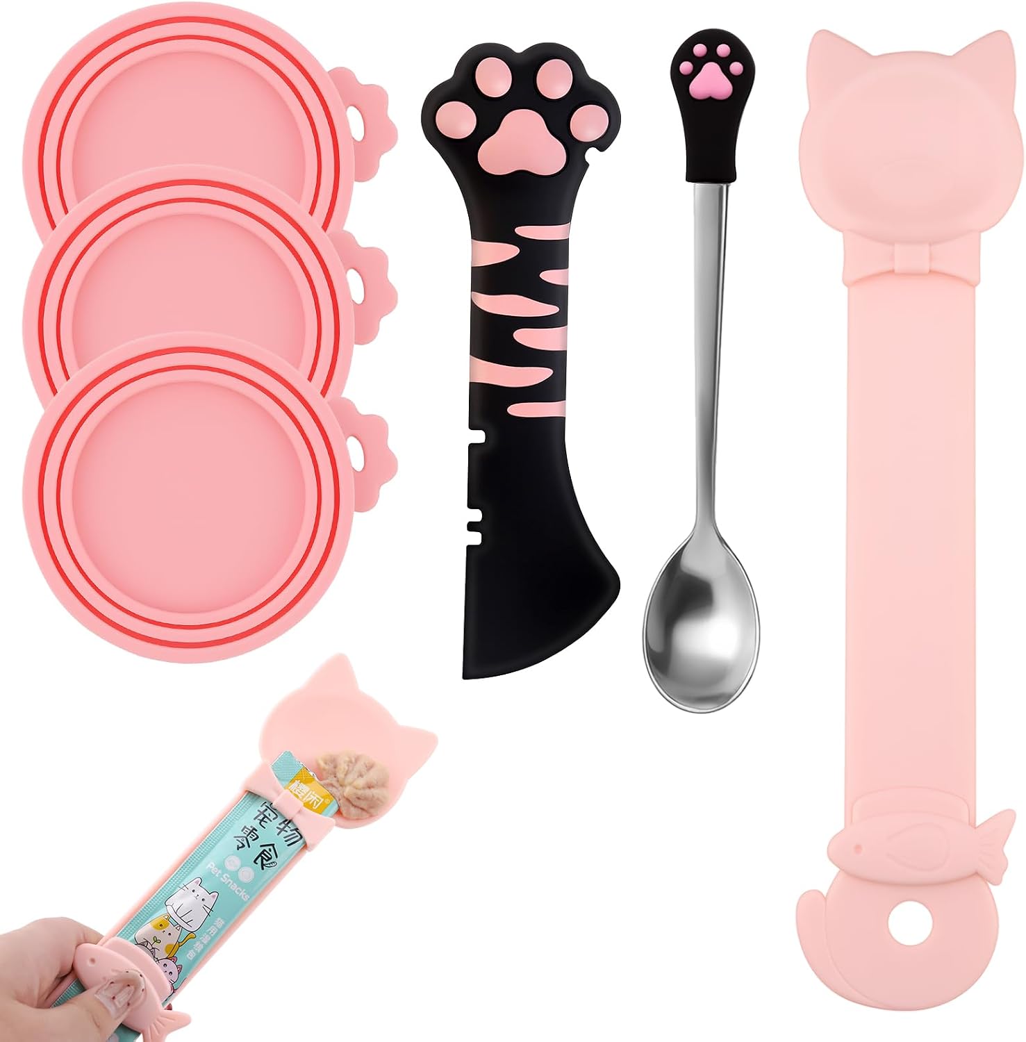 6 PCS Cat Food Can Covers Set, Reusable Silicone Can Lids with Opener, Stainless Steel Wet Food Spoon & Cat Treat Squeezer for Pet Feeding and Storage, Fits Cats & Dogs – Cat Accessories (Black Pink)