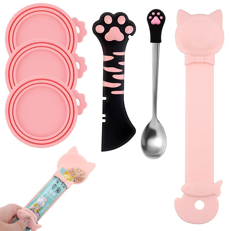 Kit de tampas para latas de comida de gatos com colher, abridor e espremedor Cfyosnk Black Pink – 6 peças