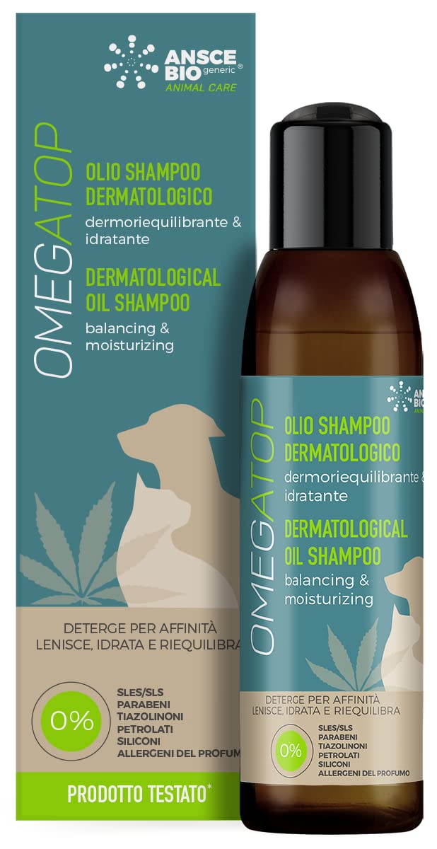 OMEGATOP Shampoo per Dermatite e Prurito Cane. Per Pelle Secca e Sensibile. Detergente Delicato, Idratante e Lenitivo per Cute e Pelo. Igiene e Benessere, Uso Frequente. 200 ml
