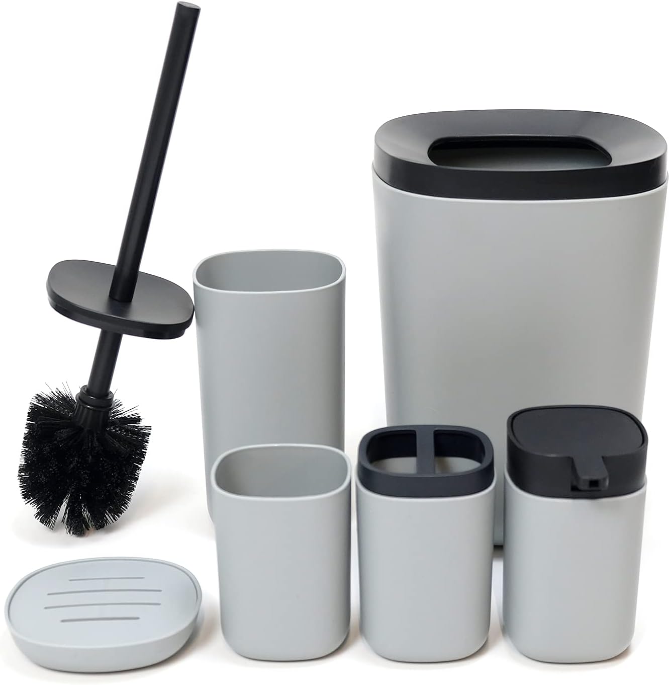 Bathroom Accessories Set of 6 Complete, Toothbrush Holder, Soap Dispenser, Garbage Trash Can, Soap Dish, Toothbrush Cup and Toilet Brush Holder, Grey
