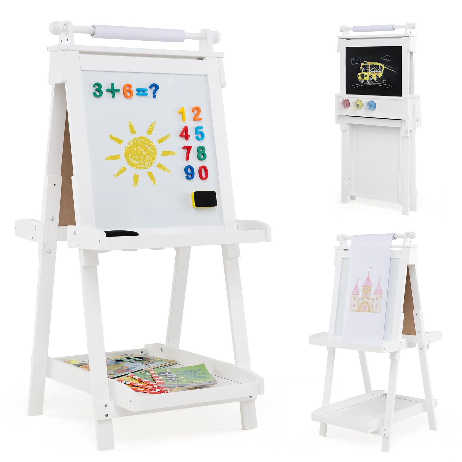 COSTWAY Caballete Plegable para Niños 3 en 1, Pizarra Infantil de Doble Cara, Pizarra Blanca y Magnética, 3 Alturas Ajustables, Rollo de Papel Reemplazable, 3 Vasos, Bandejas (Blanco)