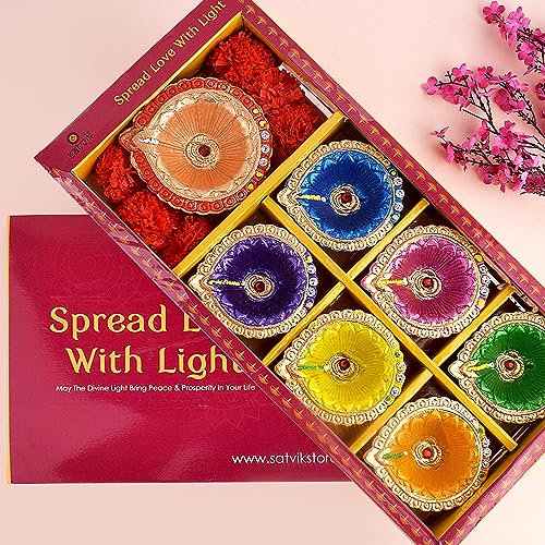 SATVIK 7 Pc (6+1) Designer Multicolor Clay Diya Earthen Diya Terracotta Dia Traditional Puja Vilakku Oil Lamp Natural Mitti Welcome Diwali Deepawali Pooja Decor Indian Housewarming Gift Items