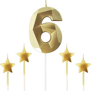 Golden Number 6 Birthday Candles and Star Birthday Candles 2.76 inch Birthday Cake Candles 3D Diamond Shaped Candles are Suitable for Birthday Parties and Anniversary Cake Decorations Candles(Gold 6)