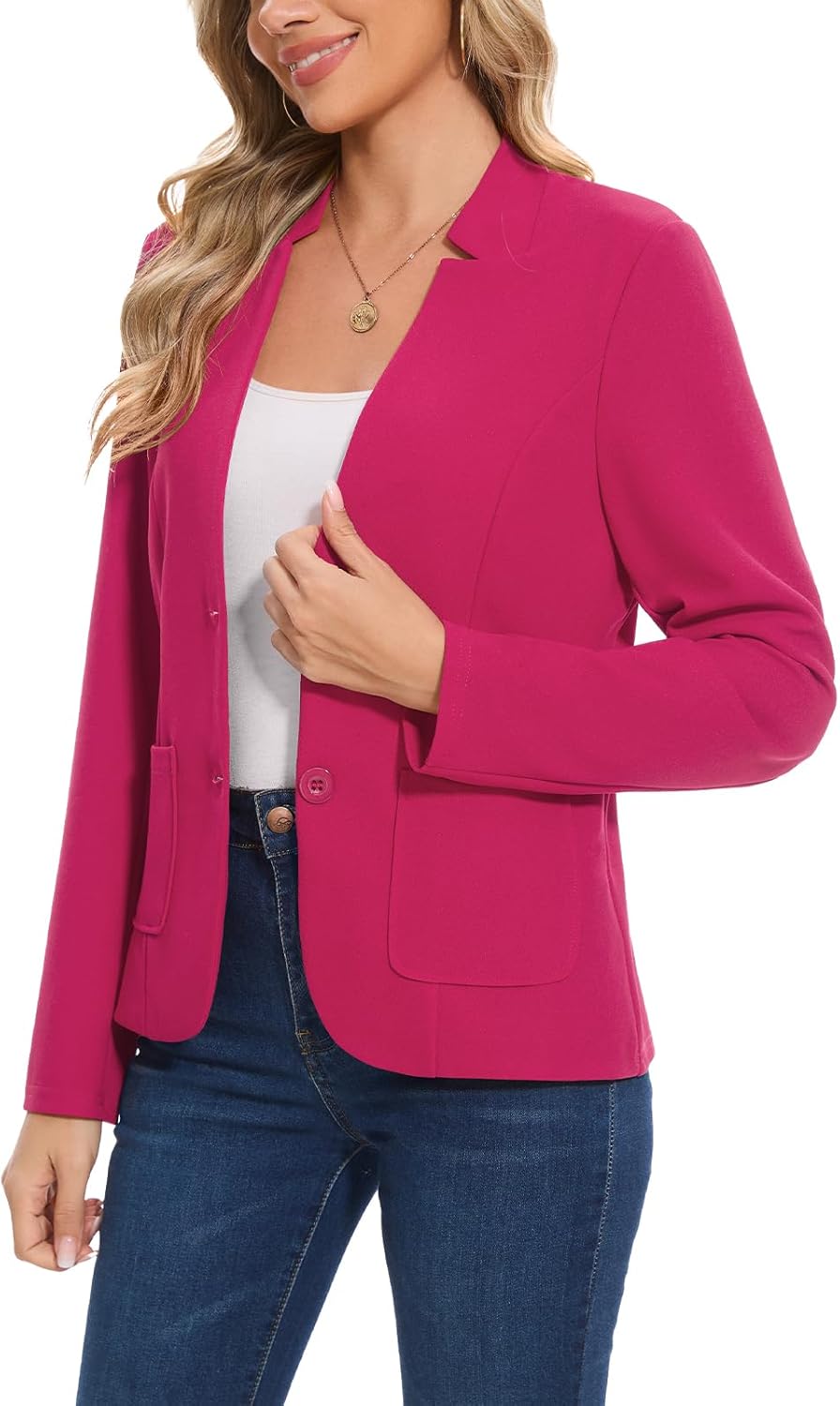 Women's Blazer Long Sleeve Notched Collar Button Front Blazers Casual Work Office Suit Jacket with Pockets
