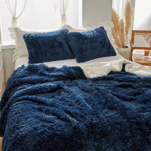 Uozzi Bedding Navy Faux Fur Comforter Set Queen 3 Pieces - 1 Shaggy Comforter 90X90 With 2 Pillowcases - Ultra Soft And Easy Care Luxury Plush Warm Winter Fluffy Fleece Duvet Set #TOP3