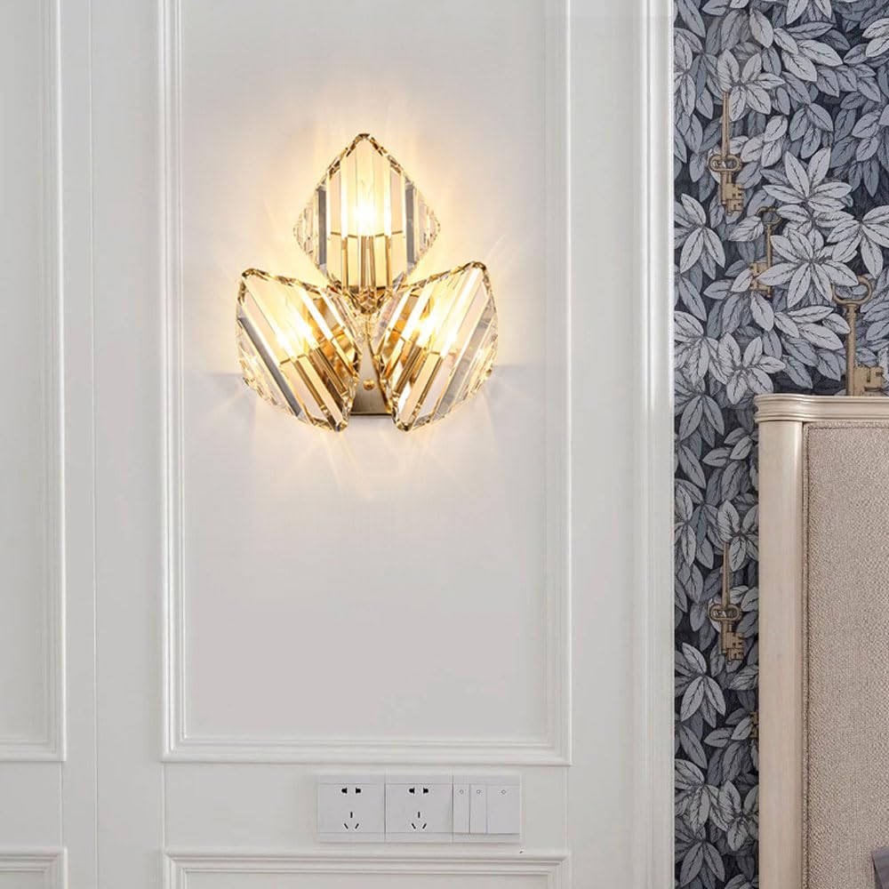 ICEMOB 3-flammige Gold-Eisen-Wandleuchte, modernes Licht, Diamant-Glas-Wandleuchte, Wandleuchte, Schlafzimmer-Wandleuchte, Badezimmer-Waschtischleuchte für Flur, Wohnzimmer, Küche