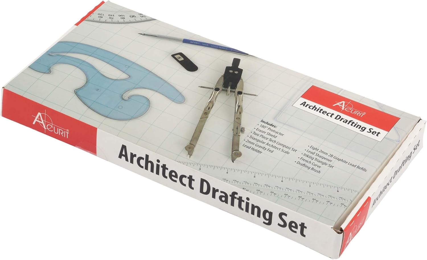 Acurit Drafting Tools Architect Set, 10 Piece Drafting Kit for Architects & Artists: Protractor, Compass, Architect's Scale, 2mm Pencil, Eraser Shield, Triangles, French Curve, Brush