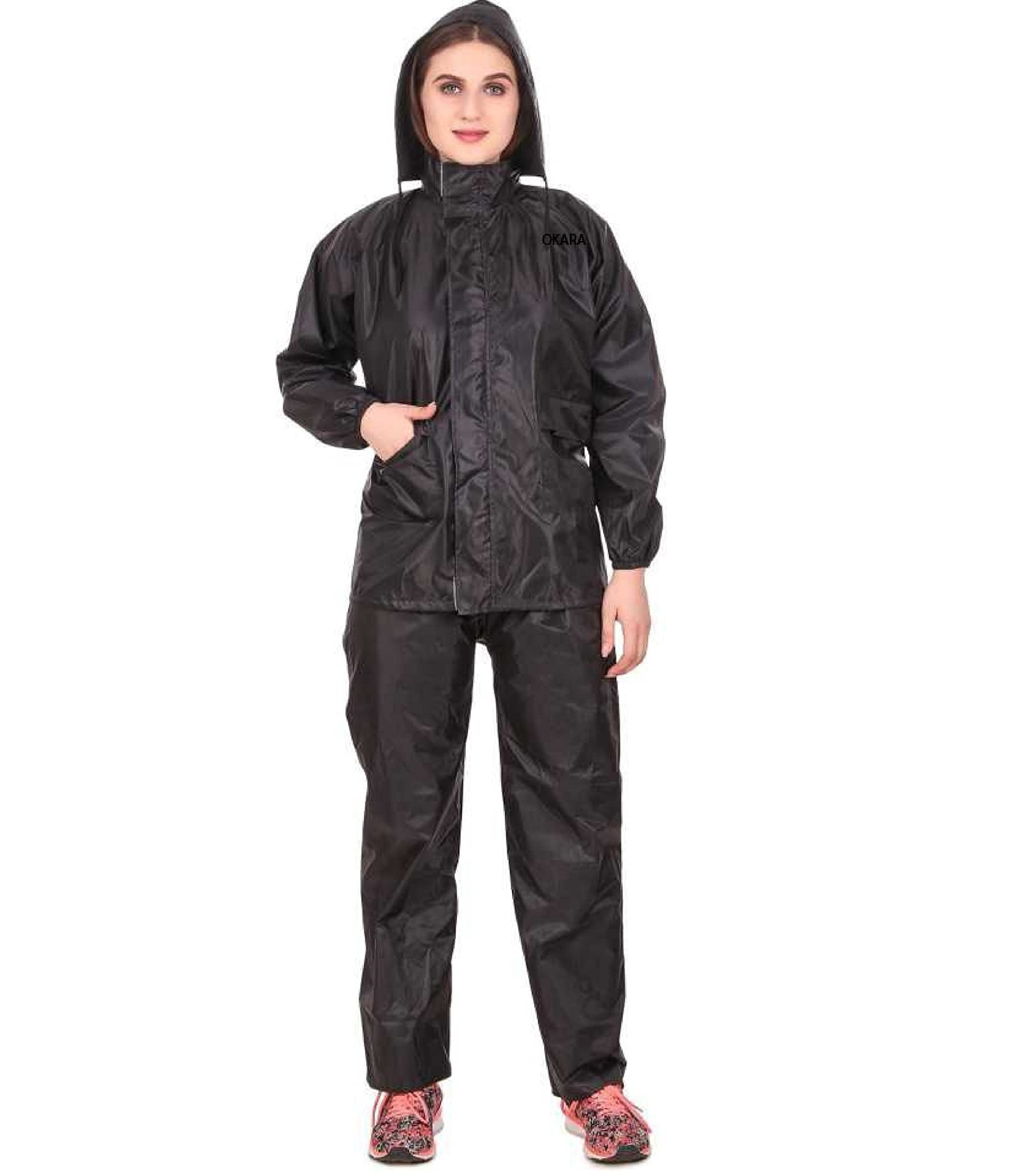 Neekshaa Women's Water Resistant Semi-Nylon Rain Coat with Pant, Black, XX Large Size