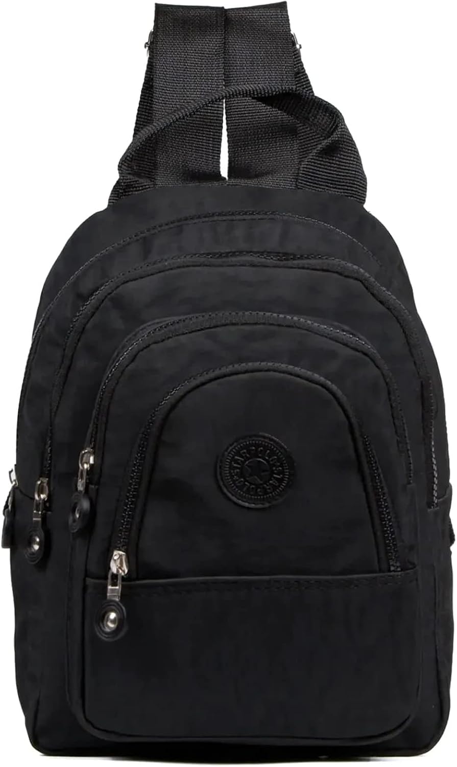 Black Unisex Crinkle Fabric Multi-Partition Backpack Daily Multi-Eyed Water Resistant