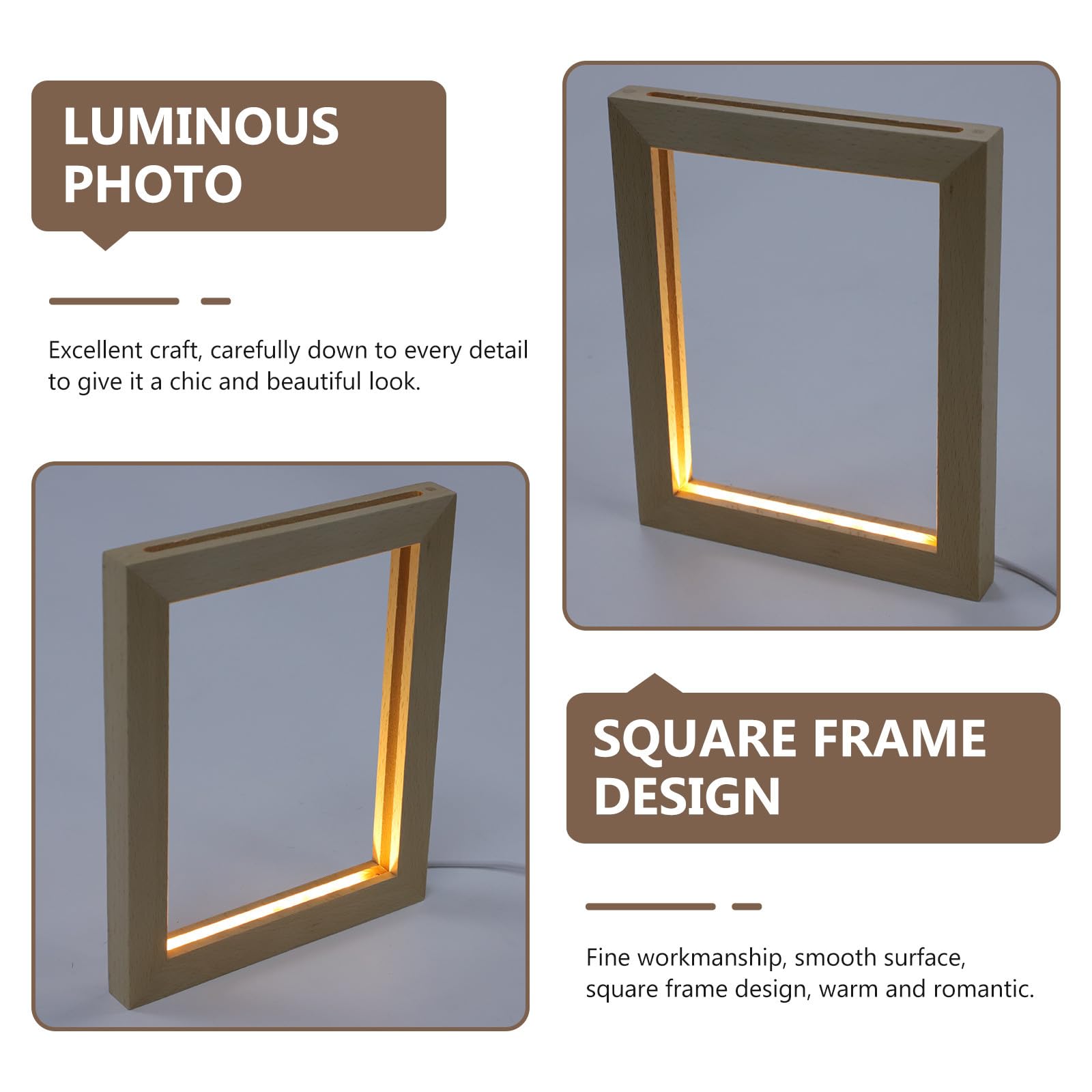 Abaodam Portafotos Elegante Marco de Fotos Luminoso LED 23X17 CM para Uso en Oficina y Hogar Soporte de Madera y Luz Cálida USB