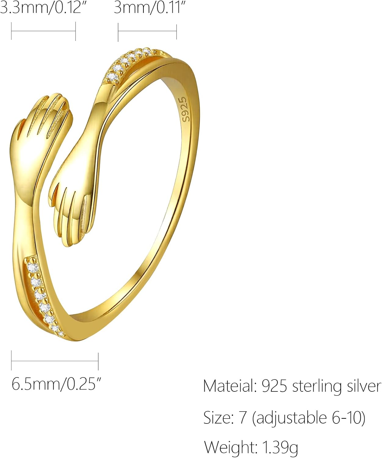 LOVECOM 925 Sterling Silver Hug Rings with Cubic Zirconia for Women Mother Daughter 14k Gold Plated Adjustable Hug from Heaven Hand Ring Trendy Stuff Friendship Ring Jewelry Gifts for Mom - Image 4