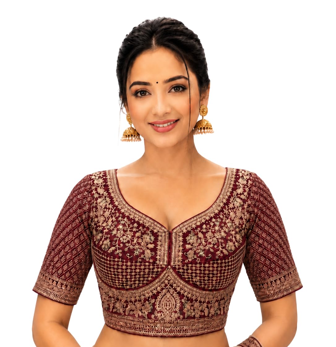 Readymade Blouses for Women | Pan Neck Italian Silk Sabyasachi Bridal Zari Embroidery Work Back Open Half Sleeve Blouse for Women Readymade Stylish|Size : 42|Saree Bridal Blouse-picture-49
