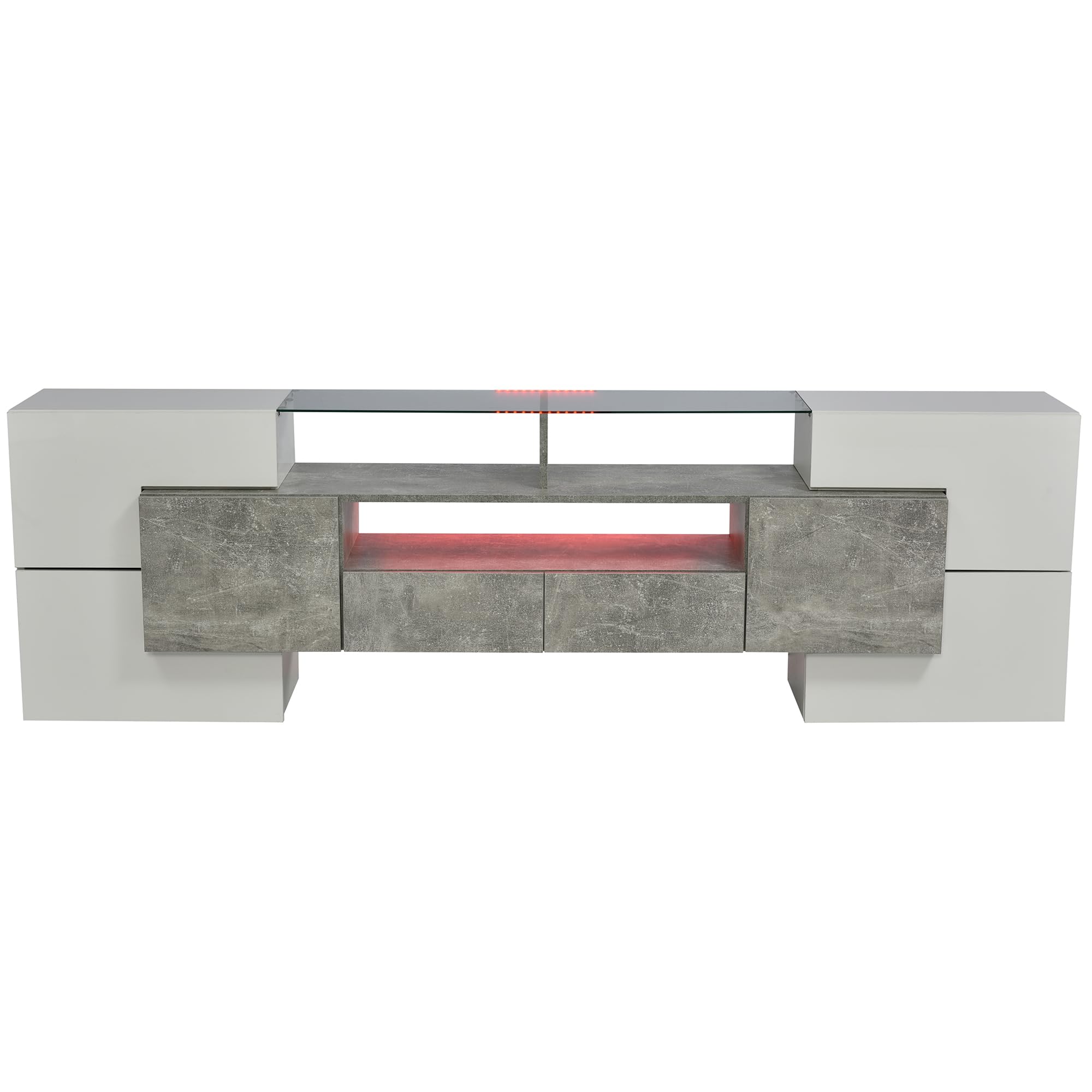 Elegante mueble de TV con panel bajo, color blanco brillante y negro, iluminación LED, elegante acabado en cristal, diseño moderno (blanco brillante y hormigón)