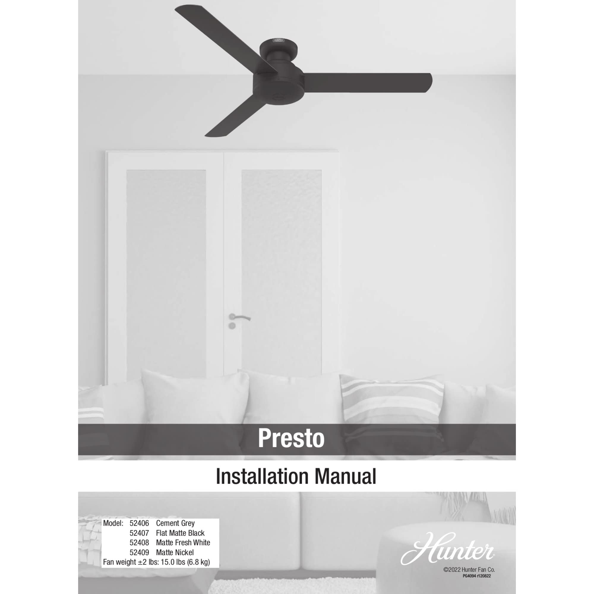 Hunter Fan Company 52409 Presto Ceiling Fan, Matte Nickel