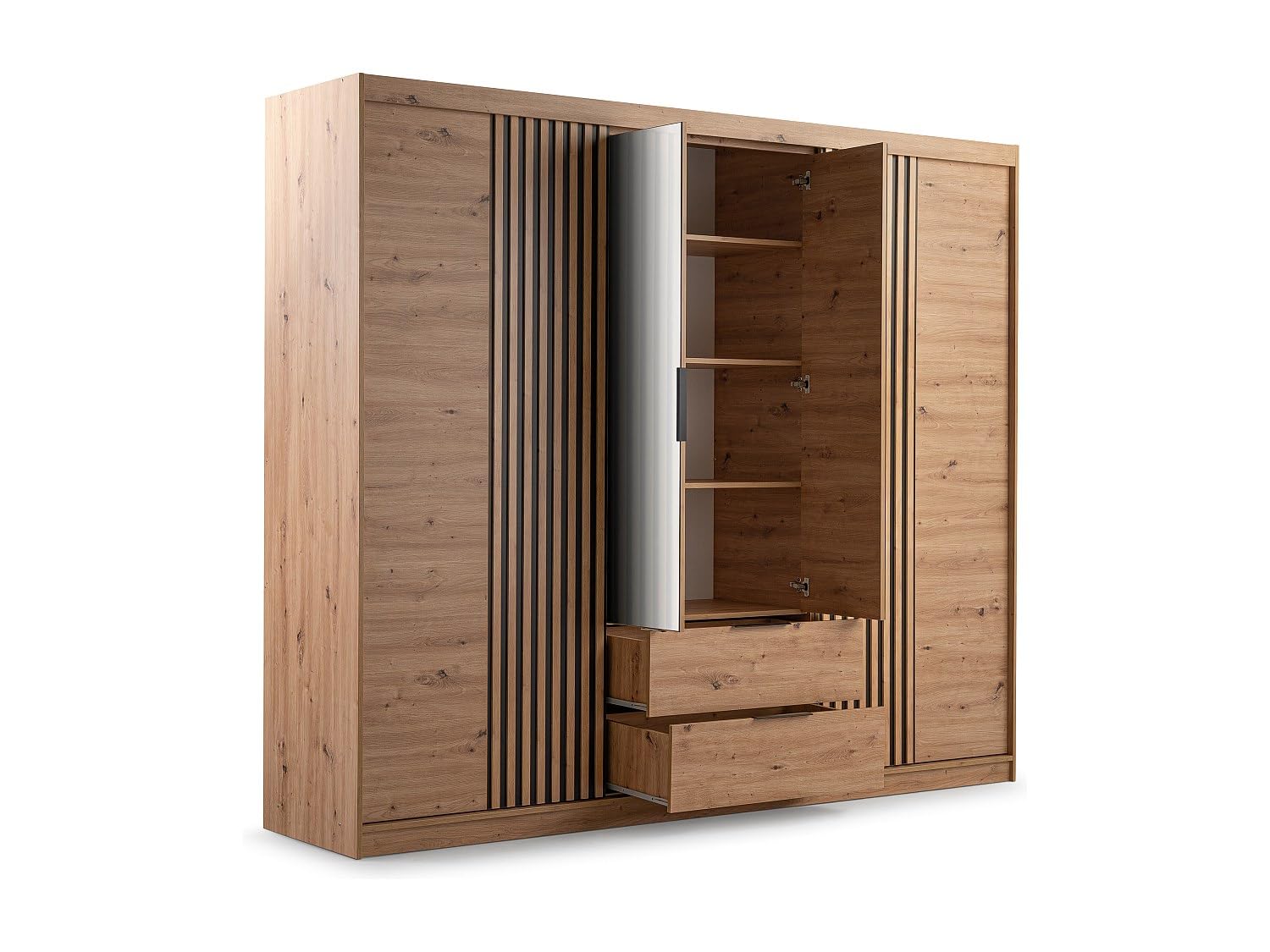 Vente-unique - Armoire 4 Portes et 2 tiroirs - avec Miroir - L250 cm - Coloris : Naturel - SIDOVIA