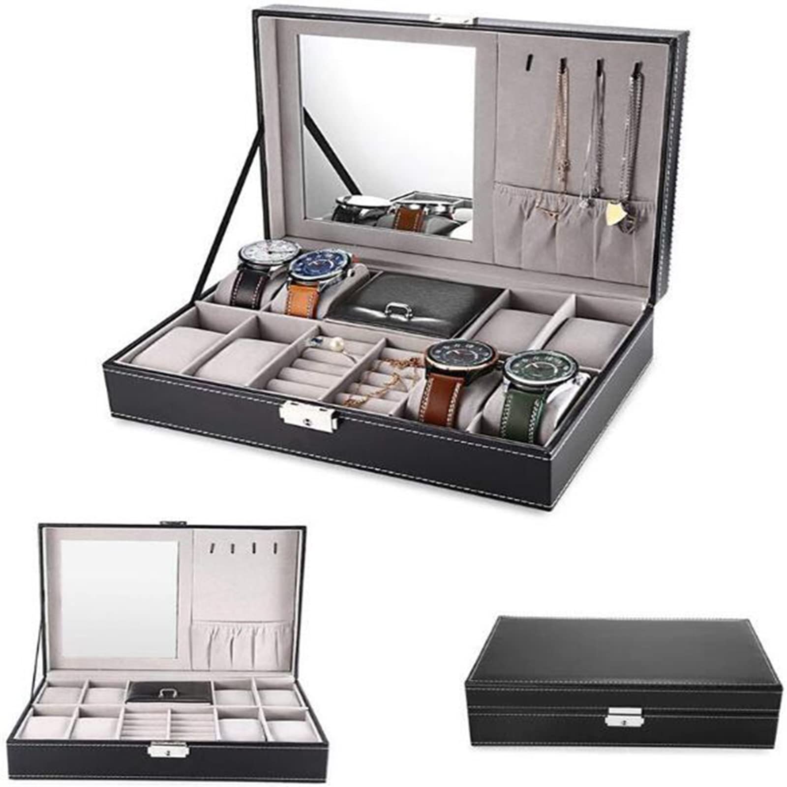 Kosmetik-Schmuck-Aufbewahrungsbox, Leder-Uhrenbox für Herren, 8 Plätze, Uhren-Organizer-Tablett, Schmuck-Display, Schublade mit Deckel