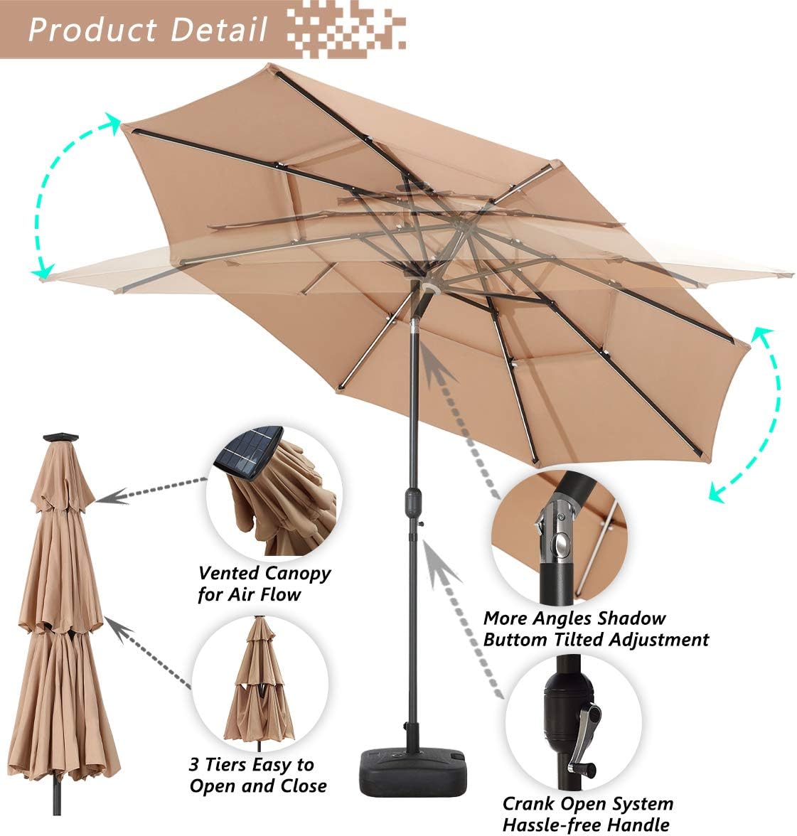 Festival Depot Outdoor 3 Tiers Ventilation Market Aluminum Umbrella Push Button Tilt Easy Crank Open/Close Center Light 8 Solar Powered LED Lights Bars All-Weather (9.8 FT Patio Umbrella Khaki)