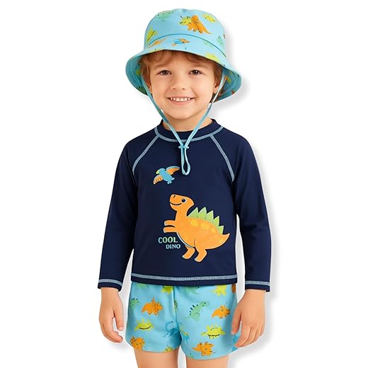 Conjunto De Praia Sunga Menino Camiseta Manga Longa Proteção Uv 50+ Com Chapeu