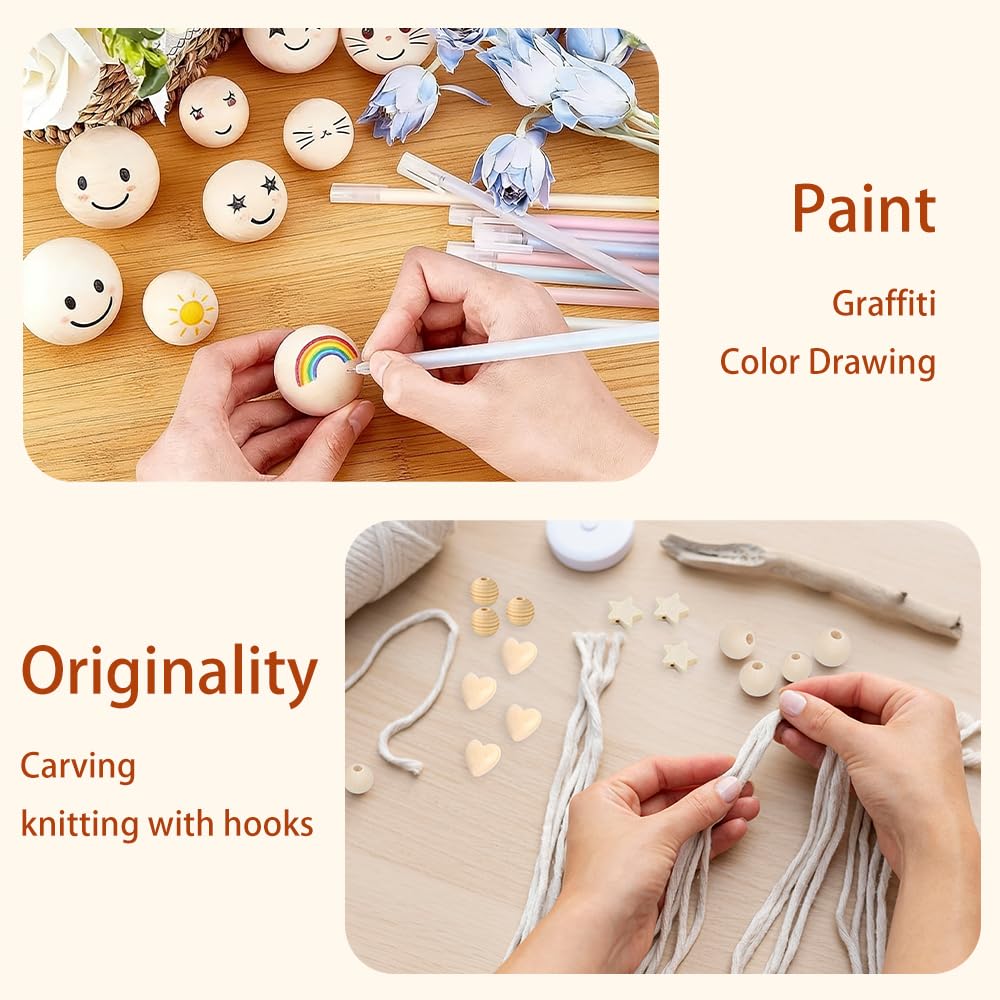 Keboyoe 147 piezas Cuentas de Madera Macramé Juego de Anillos y Bolas de Madera para Manualidades Incluye Cuentas Redondas Estrellas y Formas de Amor para Manualidades de Macramé