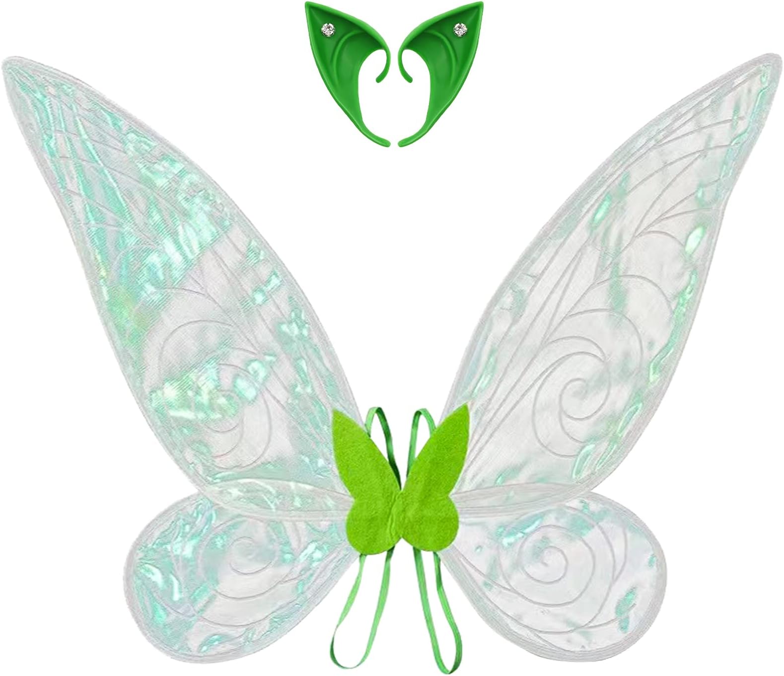 Dearlan Fairy Wings Dress Up Sparkling Sheer Wings With Green Elf Ears,Butterfly Fairy Halloween Costume Angel Wings for Kids Girls Women