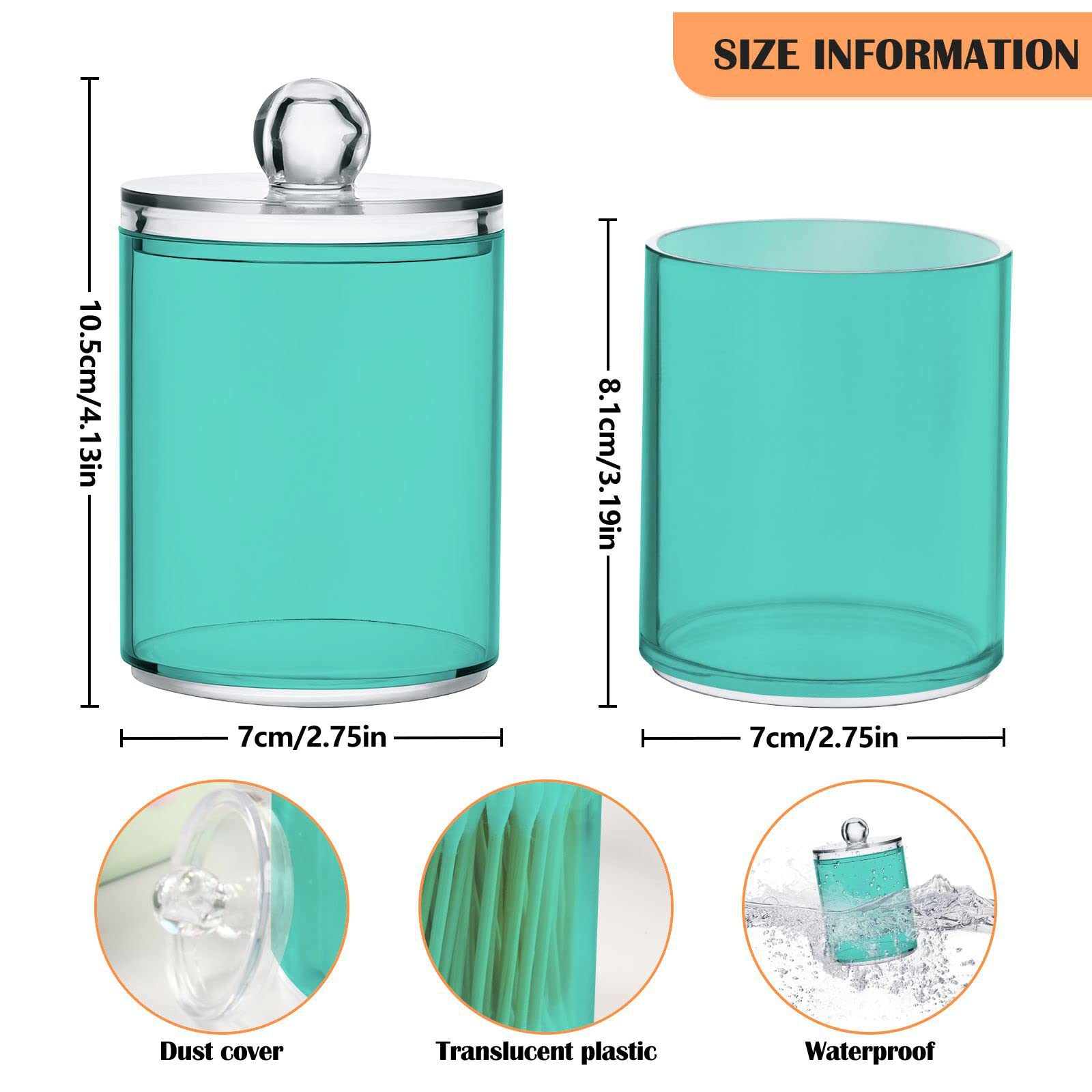 Turquiose Teal Qtip Dispenser Apothecary Jars Bathroom Qtip Holder Storage Canister 10 Oz Plastic Jar for Cotton Ball Swab Round Pads Floss 2pcs