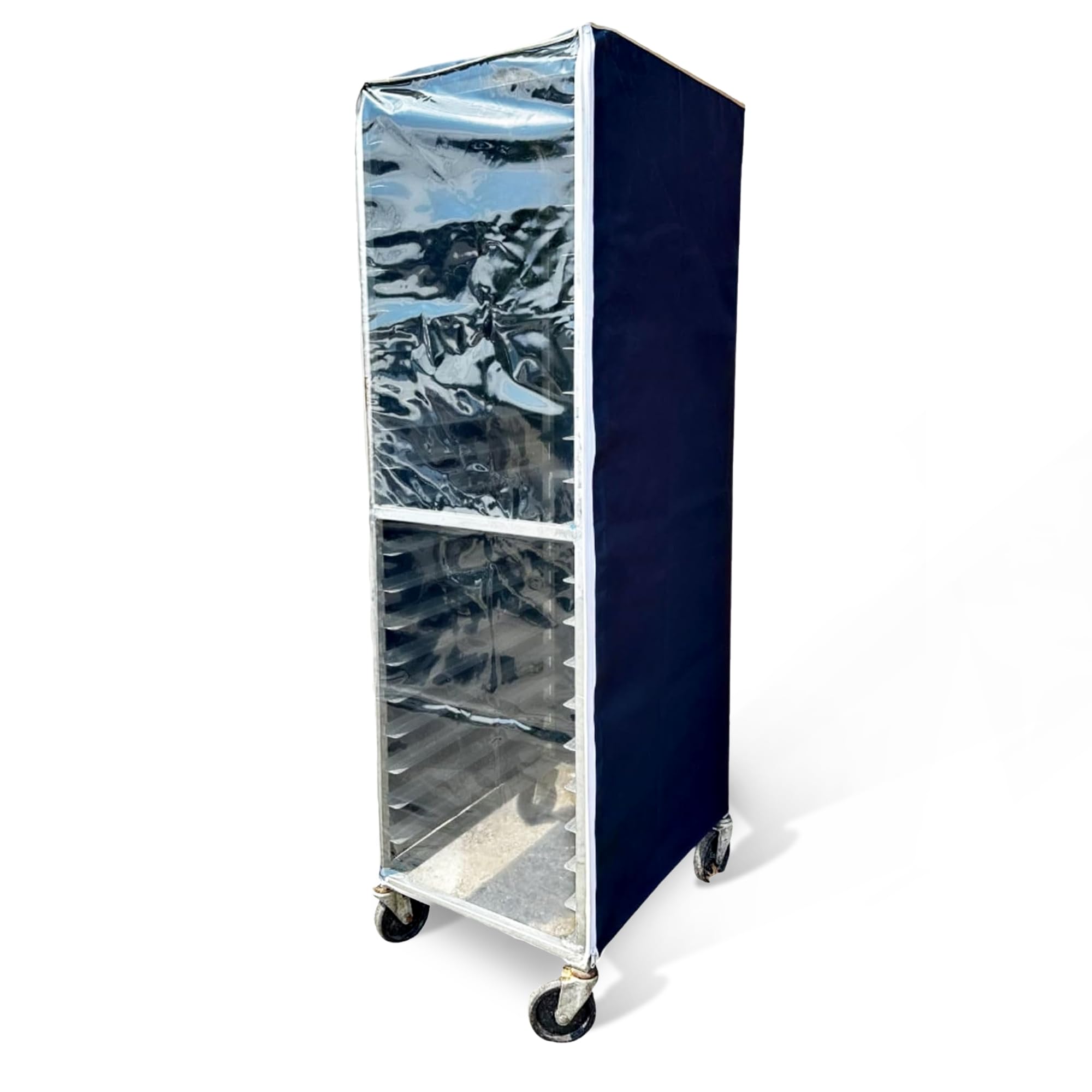 Bakery Food Pan Sheet Rack Cover – Heavy Duty PVC Vinyl Zippered Bun Pan Rack Cover – Long-lasting Use Durable Cover with 2 Zippers – Made in USA (Navy, 23"W x 28"L x 33"H)