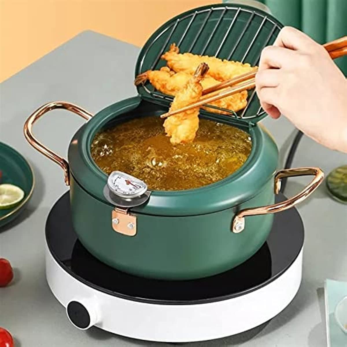 Friteuse à soupe avec couvercle et grille Thermomètre Contrôle de la température Friteuse domestique