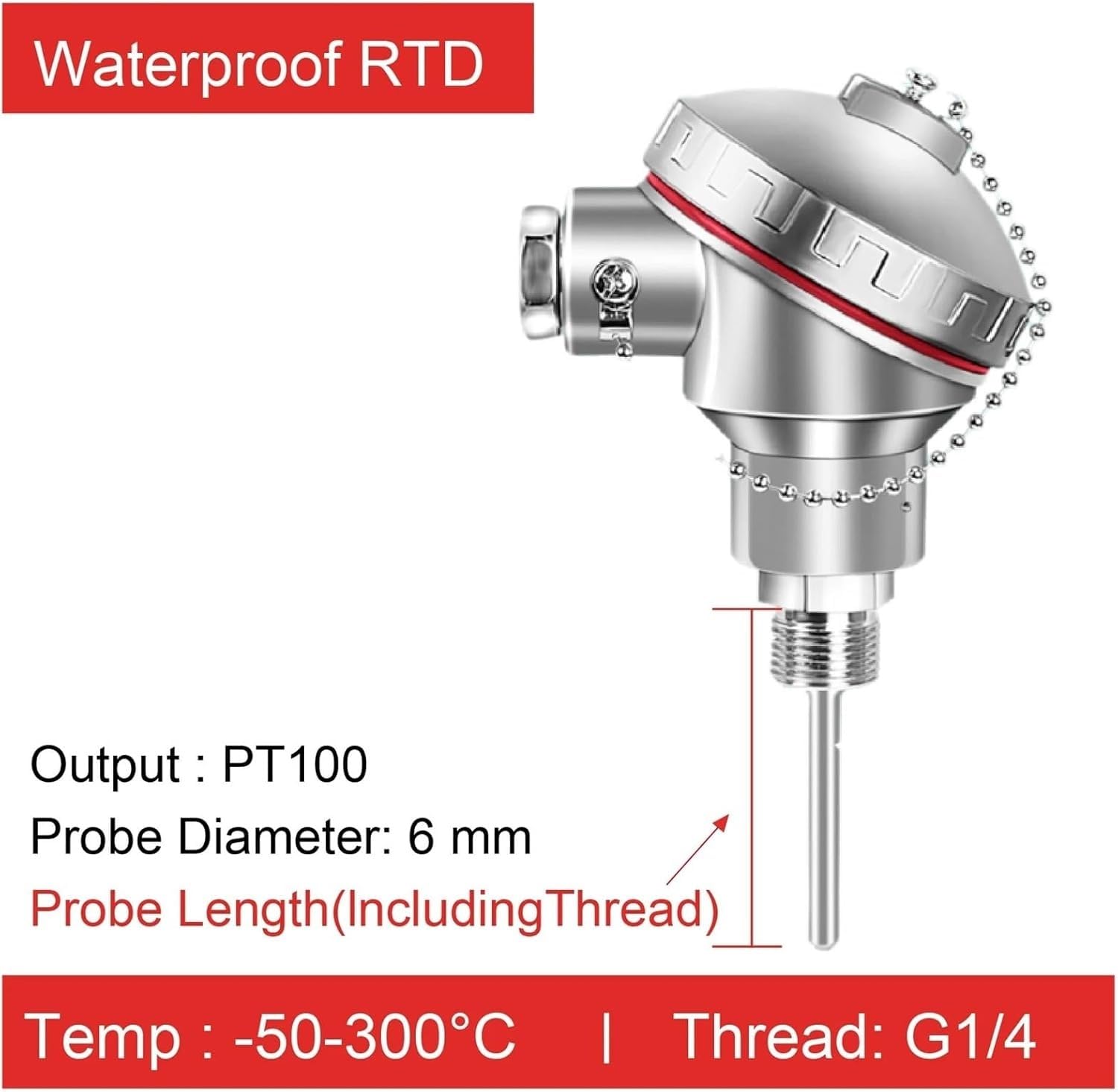 Sensor de Temperatura, Sensor RTD PT100, sonda Industrial integrada Acero Inoxidable con Rosca(250 mm)