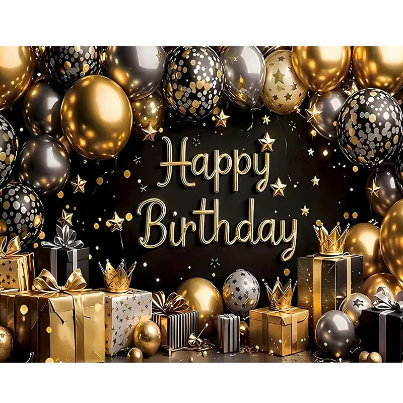 Image of Elegant Gold and Black Happy Birthday Backdrop with Balloons, Stars, and Gift Boxes - Photography Background for Birthday Parties, Weddings, and Special Events