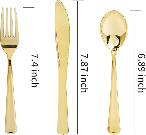 Miniatura 9 de WDF 160 piezas de cubiertos de plástico dorado - Cubiertos de oro resistentes Incluye 80 tenedores, 40 cucharas, 40 cuchillos, utensilios de