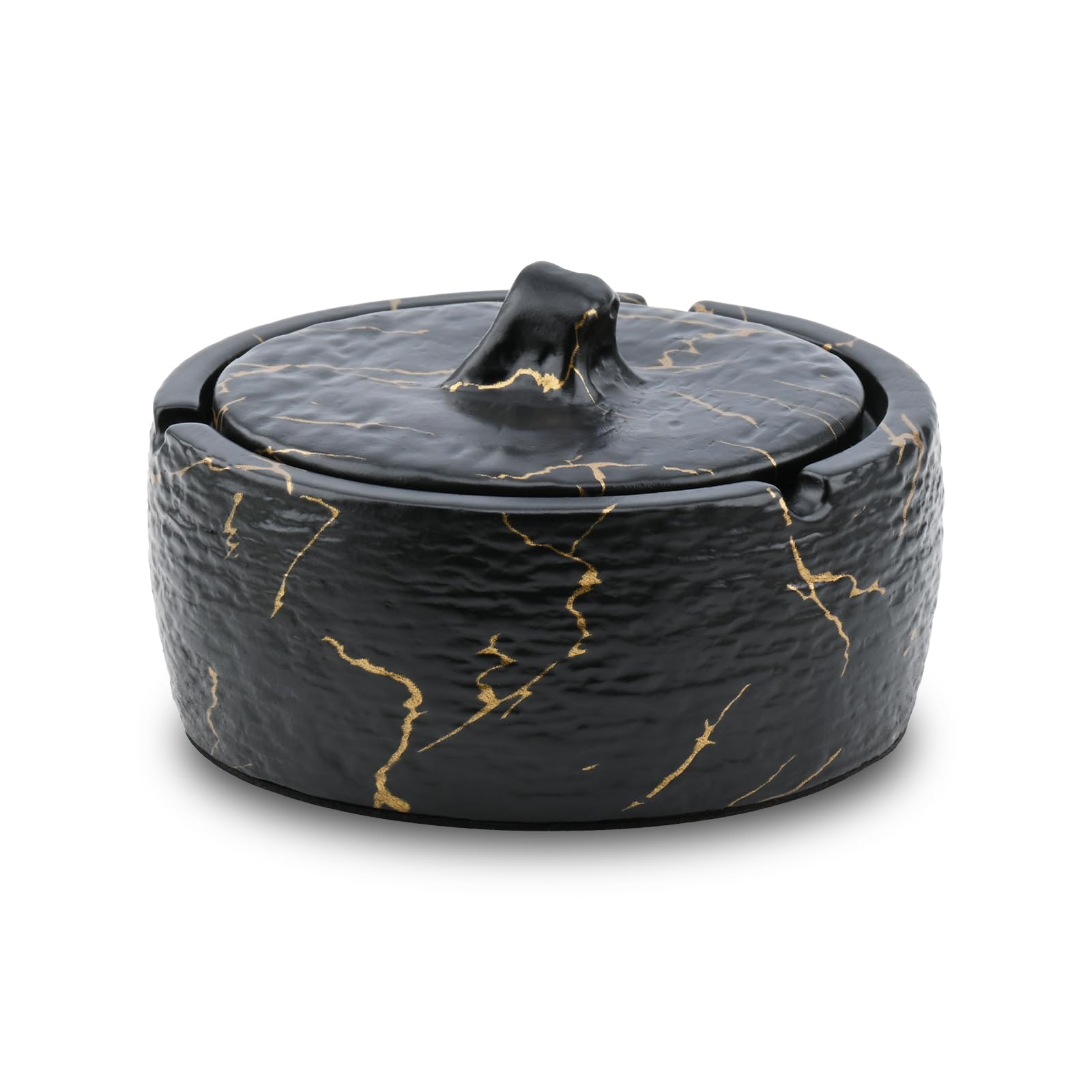 YoHyien Ceramic Ashtray with Lid for Outside & Inside, Waterproof & Windproof Outdoor Ashtray for Garden, Smell Proof Cigarette Ash Tray for Home, Office, and Patio (Black Gold)