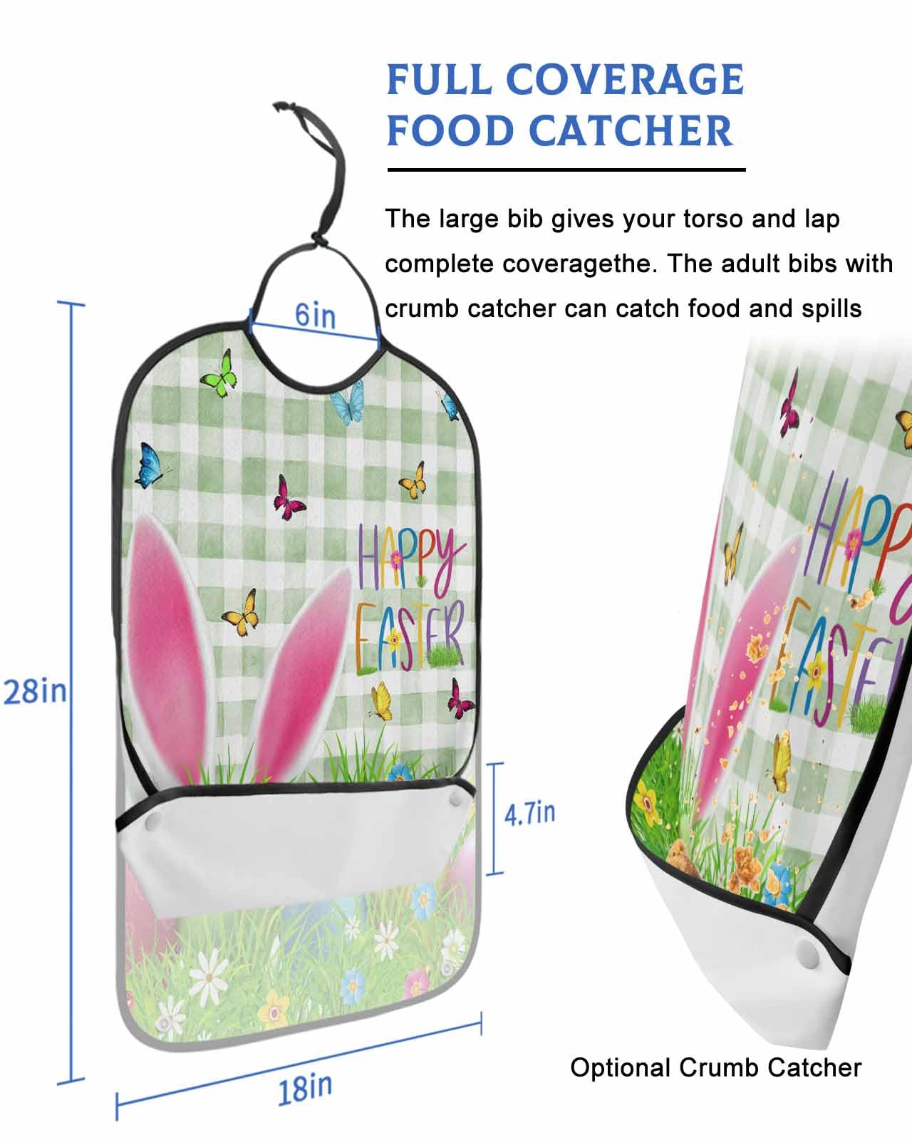 LEOKOTI Easter Adult Bibs for Eating, Waterproof Bibs with Food Catcher & Adjustable Snap Closure, Spring Floral Botanical Eggs Bunny Teal Plaid Washable Clothing Protectors Adult Bibs for Elderly