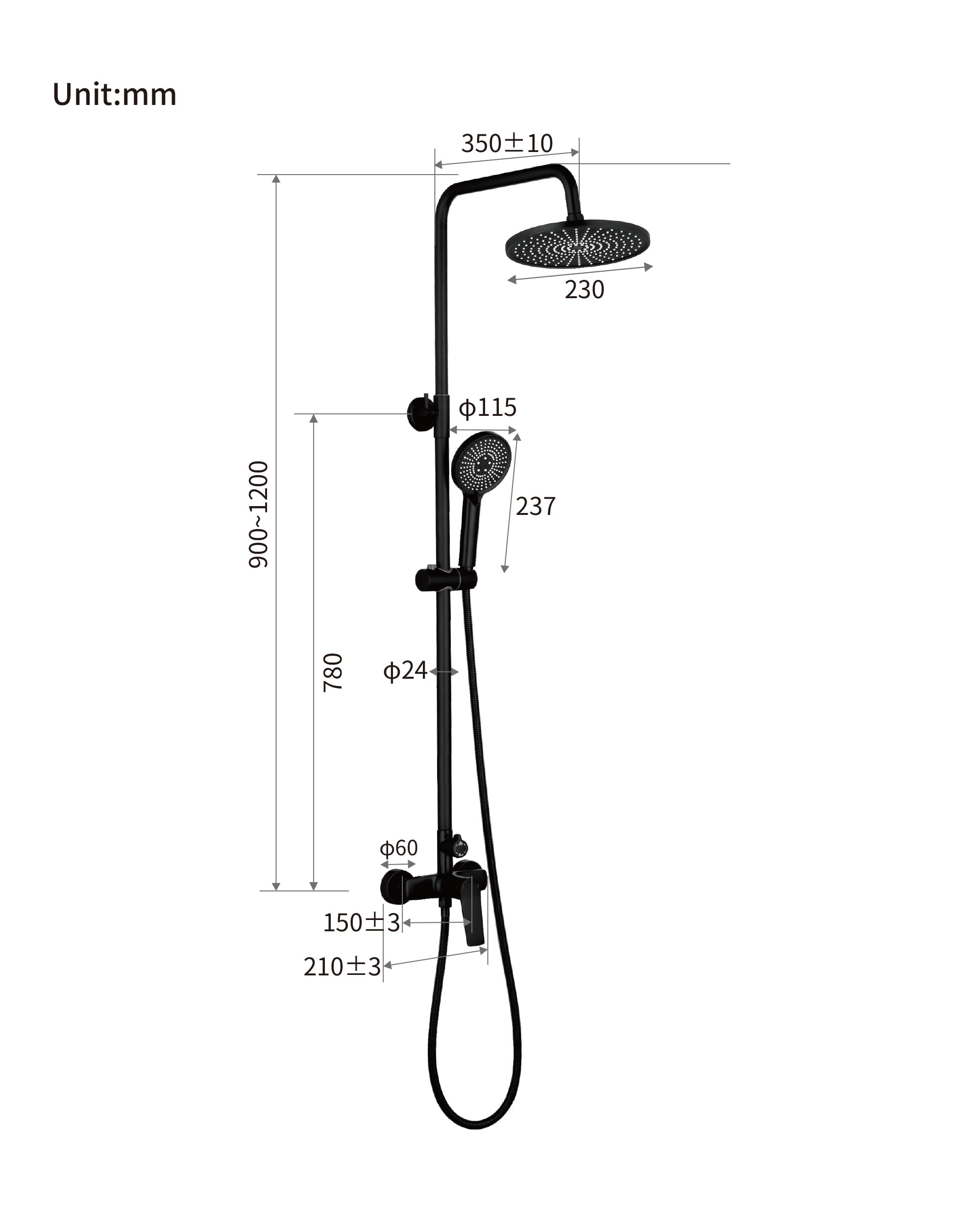 Ducha de lluvia con grifo negro, juego completo con ducha de lluvia de 23 cm, 3 tipos de chorro, cabezal de ducha, juego completo, juego de ducha, grifo monomando de latón