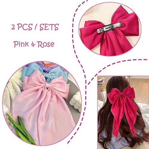 Miniatura 2 de 2 lazos para el cabello de satén rosa intenso, pinzas grandes para el cabello de color rosa para mujer, lazos de cinta grande, accesorios para el