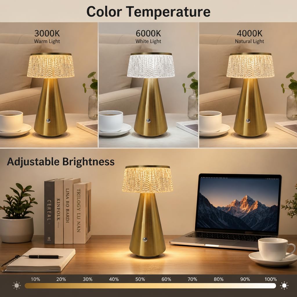LED Pilzlampe Akku Tischlampe Kabellos Gold Tischleuchte | Dimmbar Touch USB Aufladbar Pilz Lampe Nachttischlampe Ohne Kabel 3000K-6000K Tragbare Nachtlicht Acryl Lampenschirm