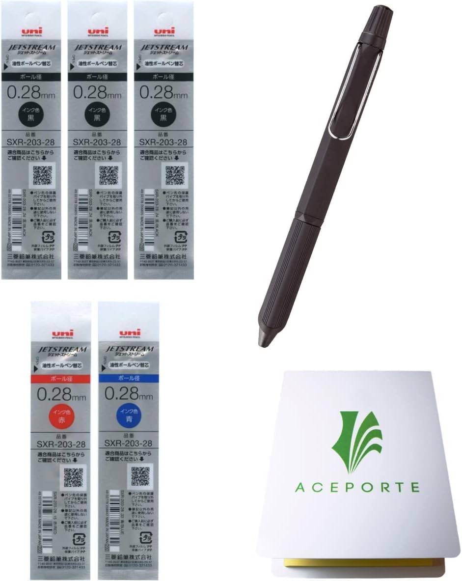 ACEPORTE Uni Jetstream EDGE3 0.28mm Oil-based Ballpoint Pen Black Body ＋ Black/Red/Blue Refills, Sticky Notes Value Set