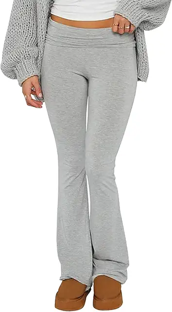 Low Rise Gray Yoga Pants with Fold Over Waistband - Bootcut Flare Bell Bottoms