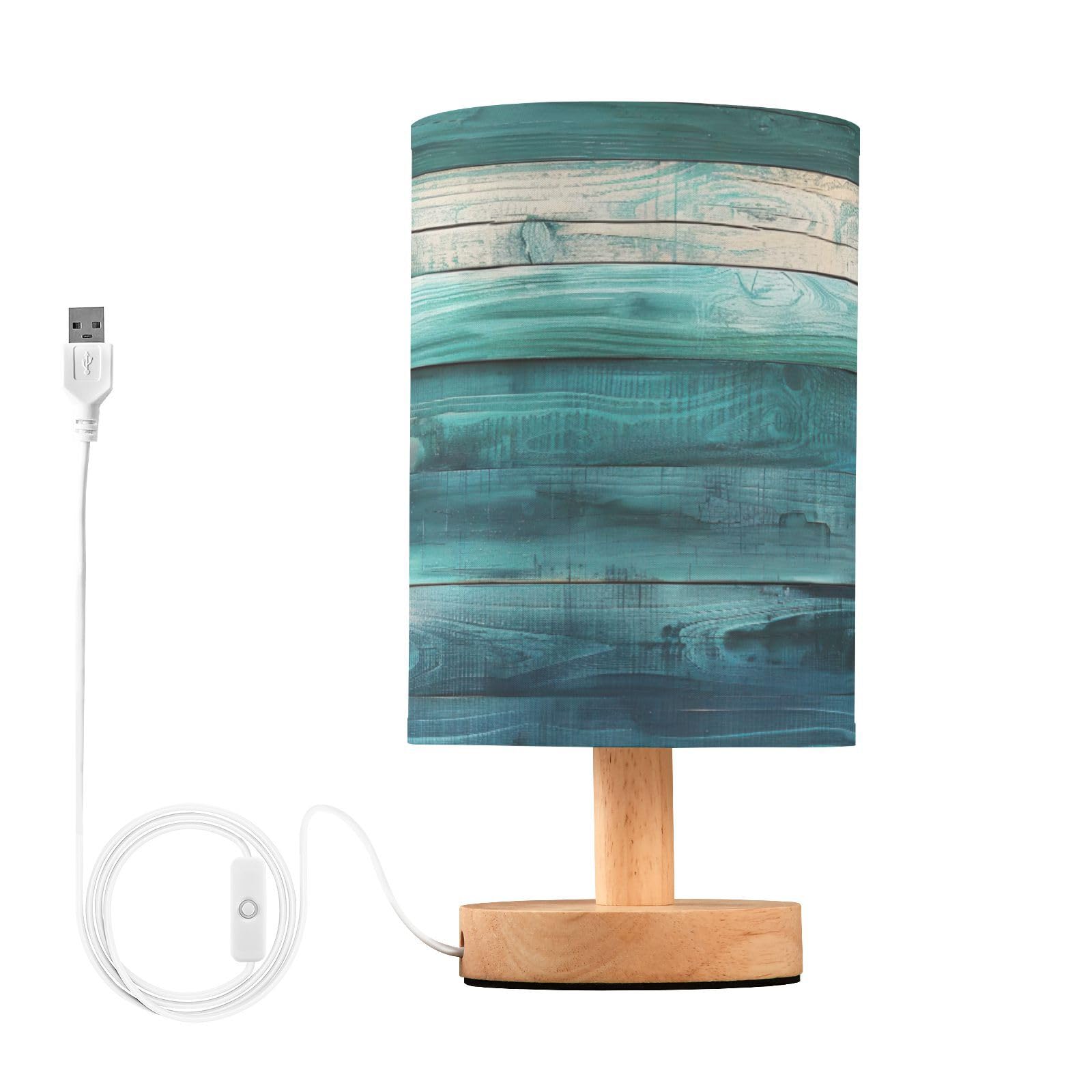 SKYSHU Teal Green Wood Bedside Table Lamp, Small LED Desk Light USB Nightstand Lamp with Non Slip Wood Base & Eye-Friendily Lampshade for Living Room Bedroom Dorm Home Office Desk Decor