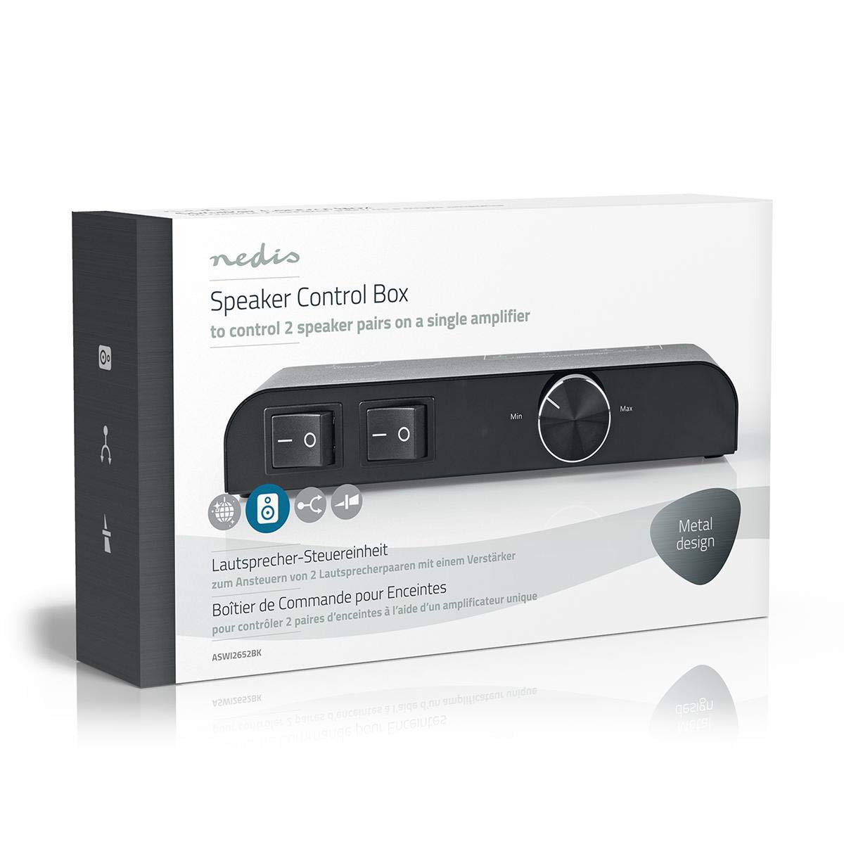 Nedis Scatola di Controllo per Altoparlanti, Commutazione tra 2 Coppie di Altoparlanti o Riproduzione Simultanea, 2 Interruttori a Bilanciere Separati, 1 Controllo del Volume, 4-16 Ohm, 60 W, Nero