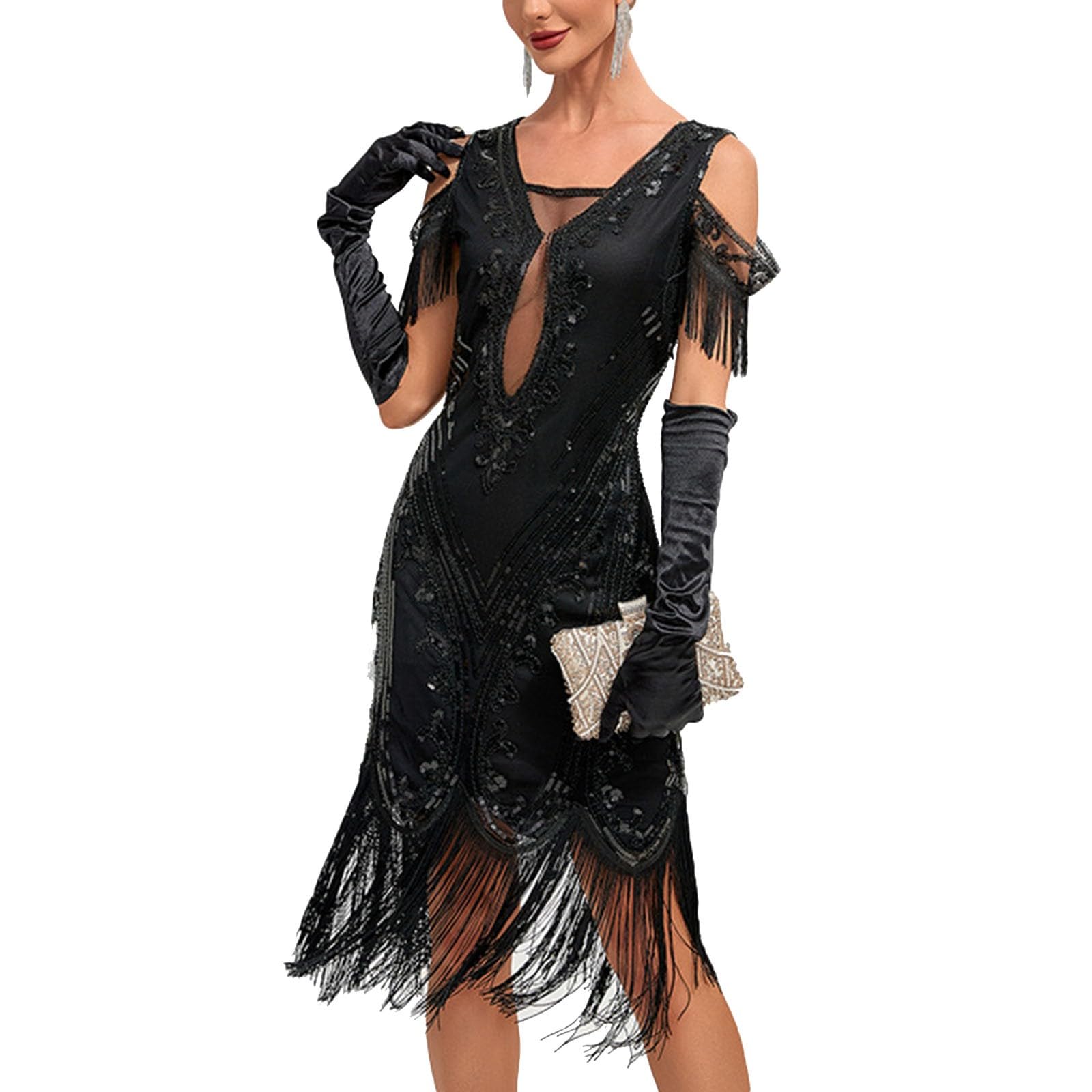Damen Kleider Elegant Partykleid Knielanges Flapper Partykleid der 1920er Jahre Quastensaum Pailletten Cocktailkleider mit Accessoires Kostümset für Bierfest Karneval Halloween