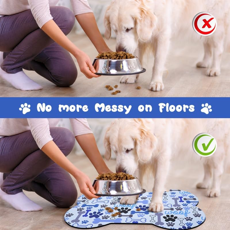 Dog Food Mats for Floors Waterproof, Pet Feeding Absorbent Water Bowl Mat Cat Placemats Blue Bone Shape 25.5 * 17 inch