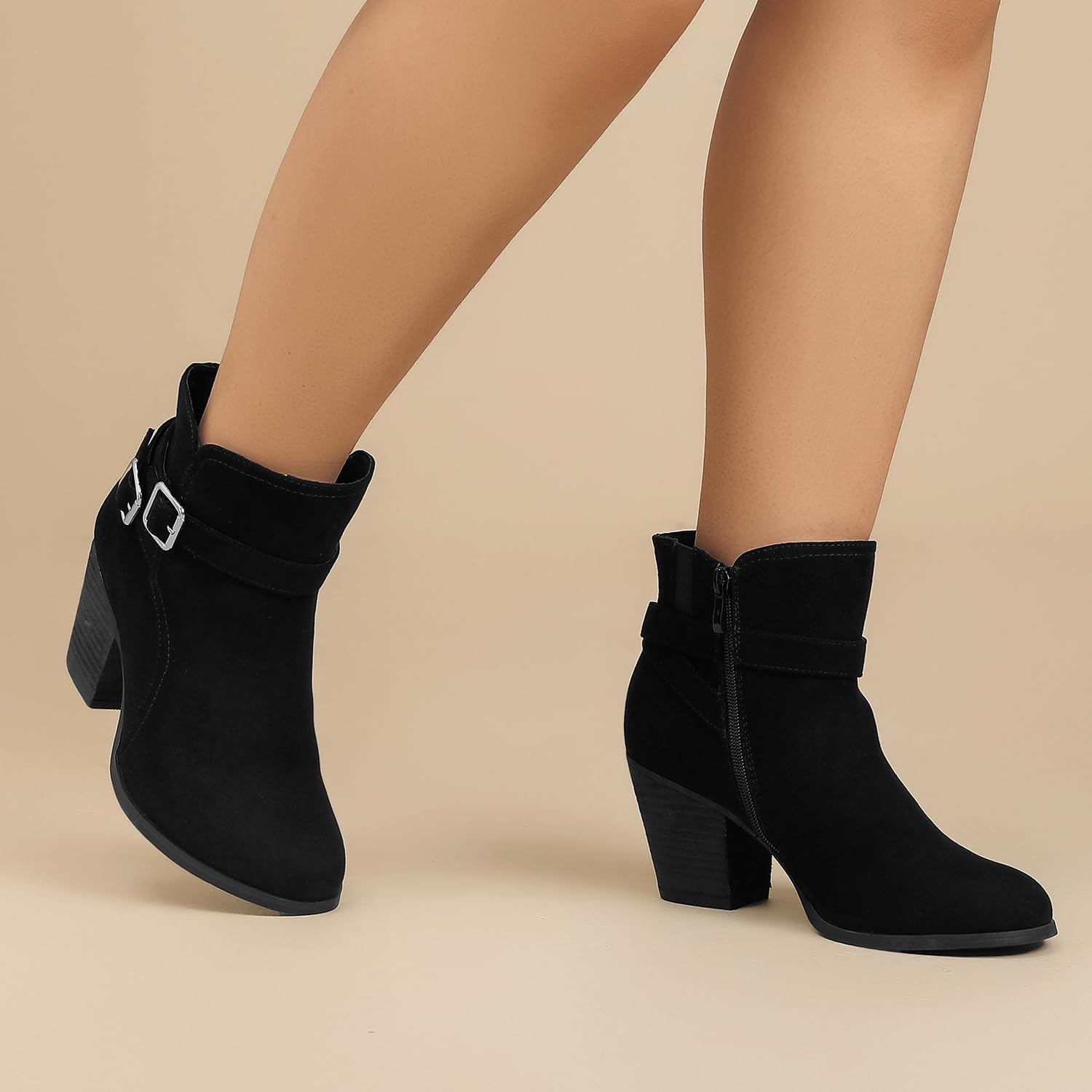 Luoika Women's Wide Width Ankle Boots - Black Brown Short Boots Block Low Heel Side Zipper Booties. - Image 6