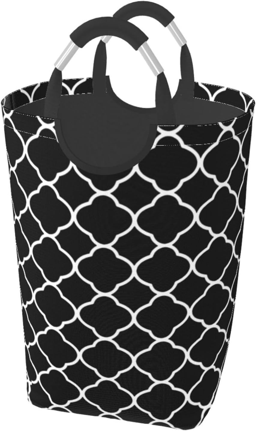 Large Laundry Basket, Geometric Black and White Quatrefoil Pattern Laundry Hamper Bag Collapsible Washing Bin With Handles for College Dorm, Family Essentials Storage