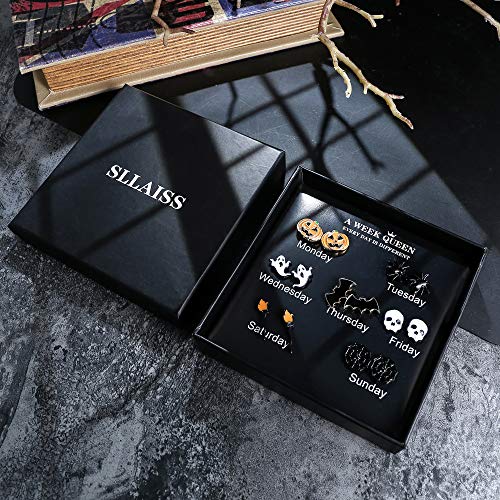 Sllaiss 7 Pairs Halloween Earrings For Women Men Stainless Steel Stud Earrings Set Black Spider Web Pumpkin Bat Earrings Skull Ghost Broom Stick Spider Halloween Jewelry4