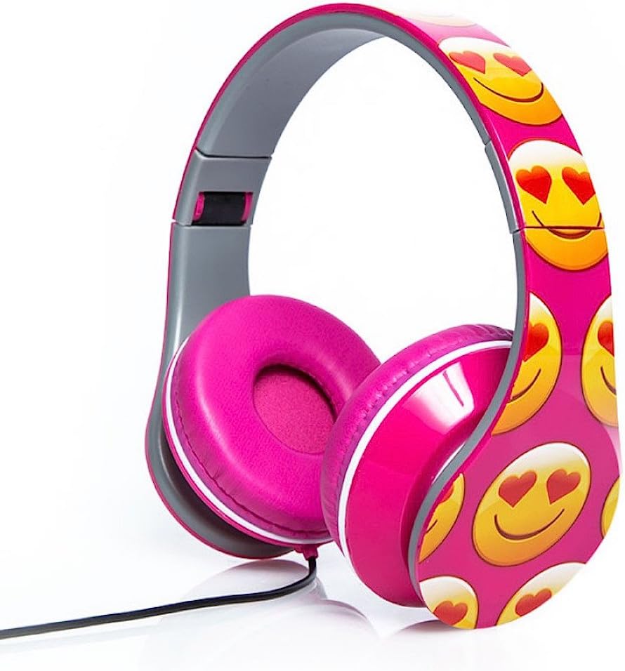 Emoji Folding Fatheads Stereo Headphones Smiley Face Heart Eyes Pink