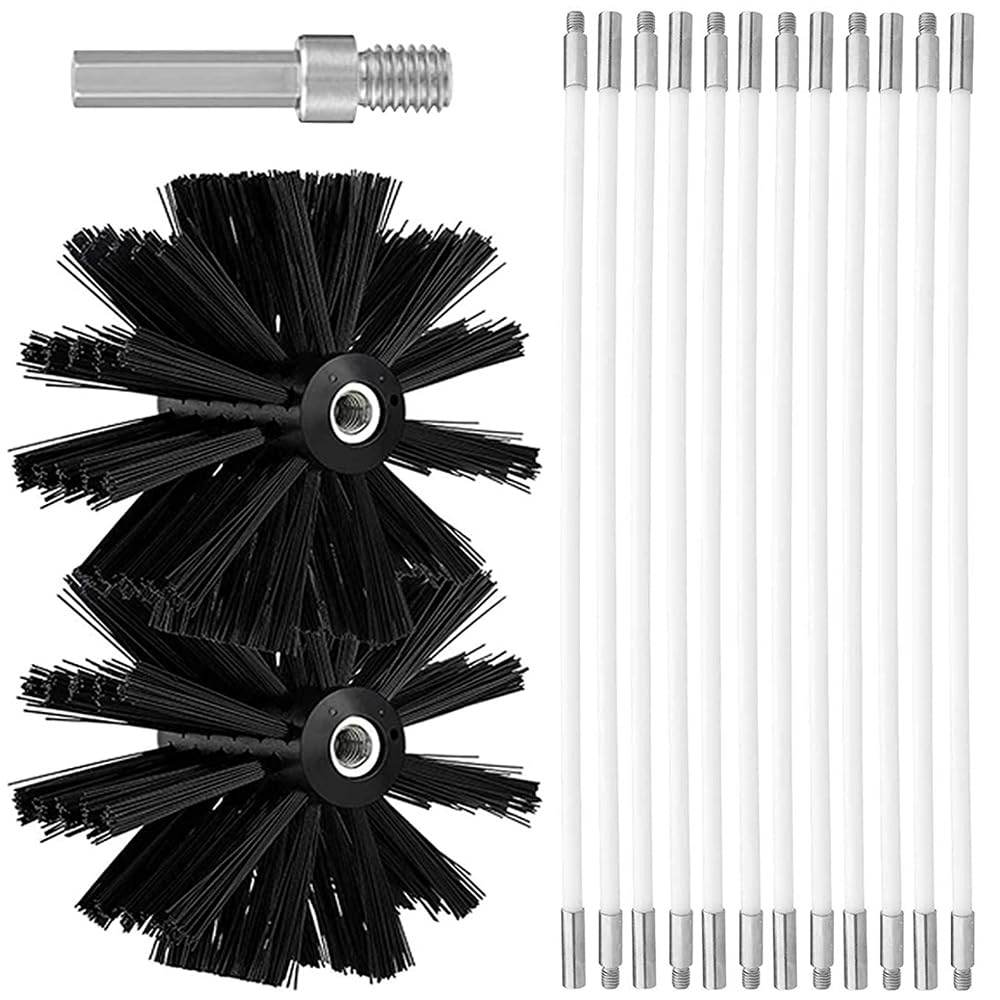 Kit de Herramientas de Limpieza para Secador de Chimenea, Cepillo Limpieza Chimenea, Juego Limpieza Ventilación Conducto con 12 Varillas 2 Cabezales Cepillo 1 Conector, Varillas Flexibles